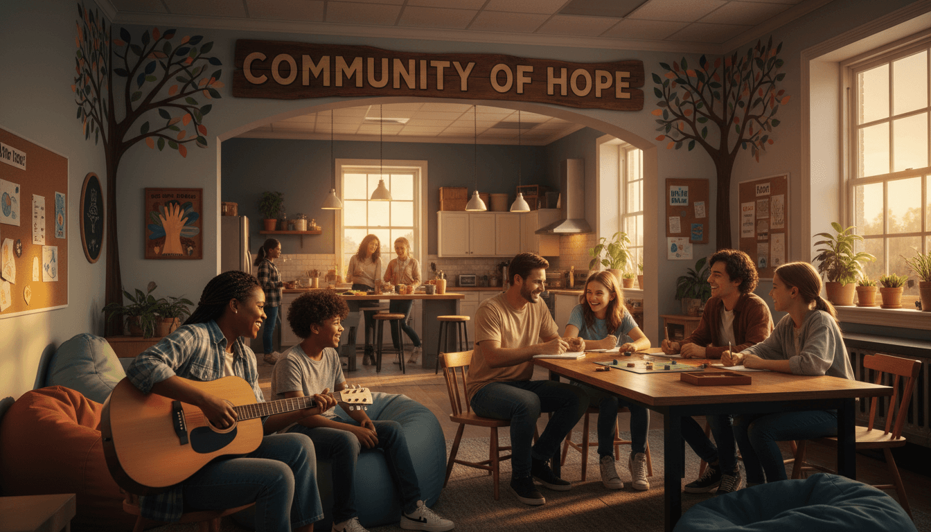 volunteers working with at-risk youth in a supportive community environment with warm lighting