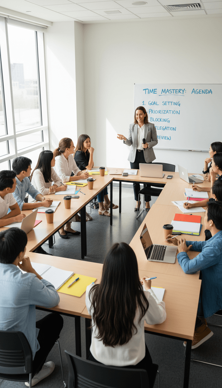 Young women sitting at tables with papers, looking forward in a classroom or meeting setting.