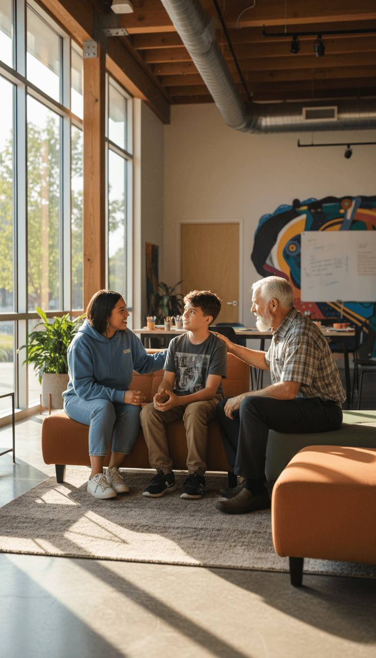 Volunteer with at-risk youth talking with mentor inside modern community center, warm natural lighting, genuine connection