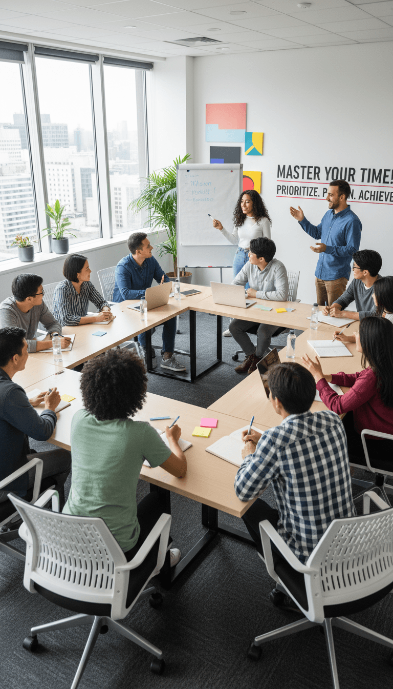 Diverse group of young people in a classroom engaged in a time management workshop.
