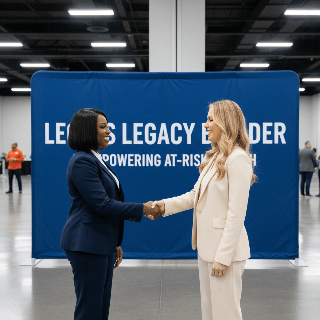 Two women shaking hands in front of a blue Leon’s Legacy Builder banner, symbolizing collaboration.