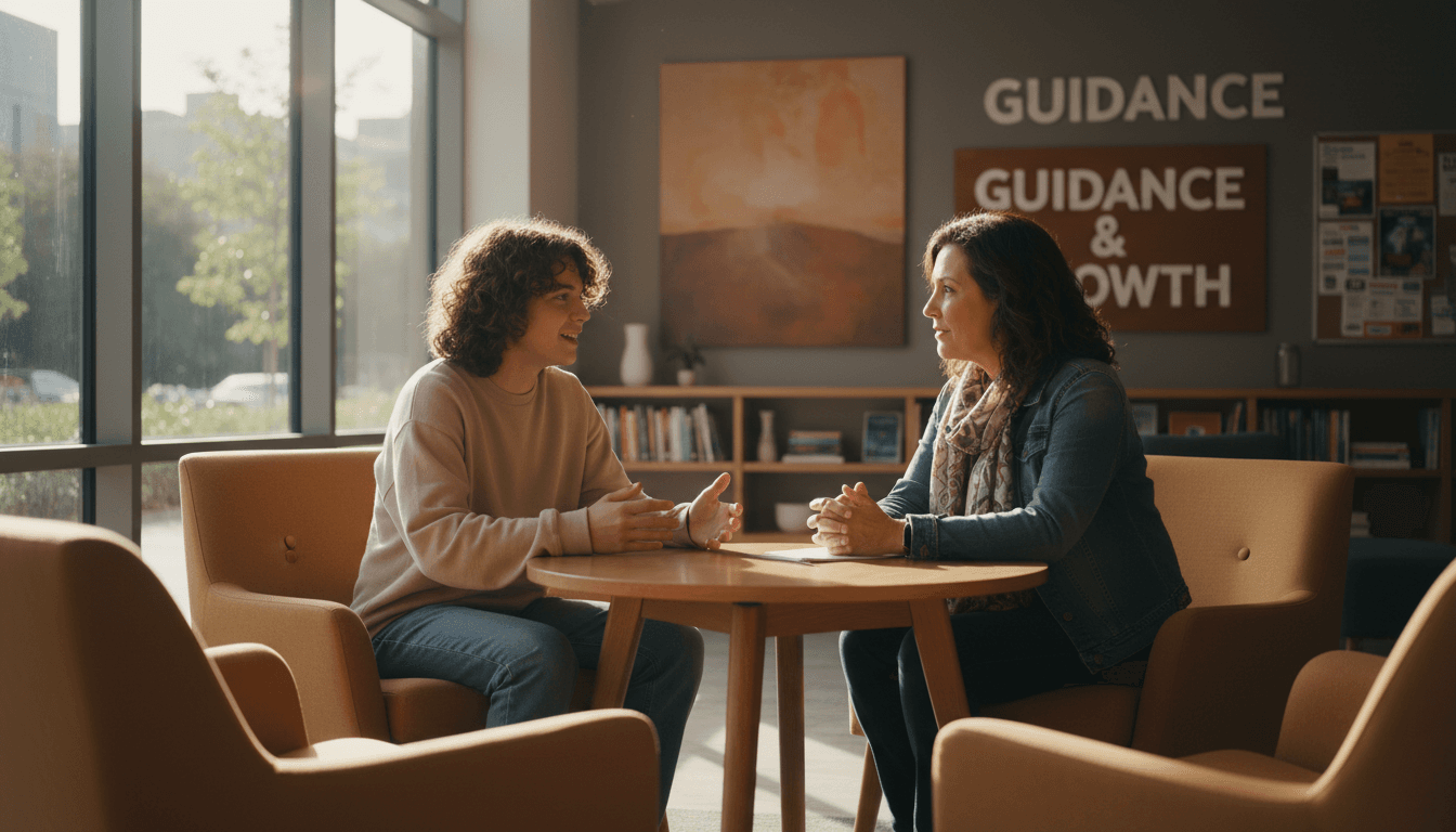 Young person and mentor having a meaningful conversation in a supportive community space