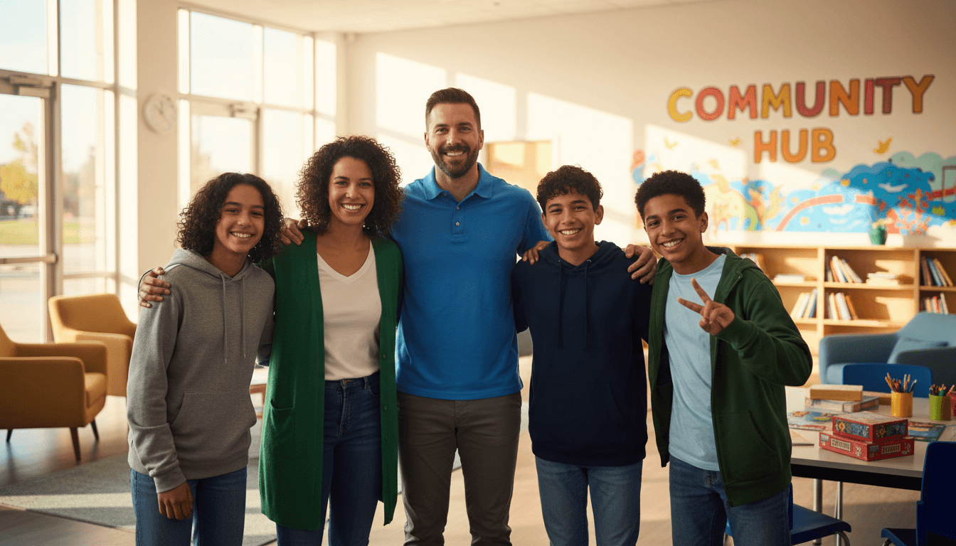 male and female volunteers smiling together with teenagers in casual community center setting warm natural light
