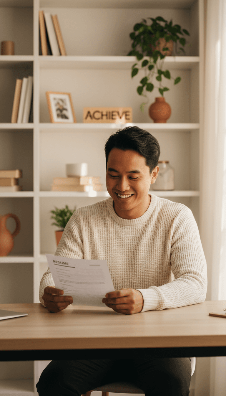 Young person proudly holding completed resume with mentor support