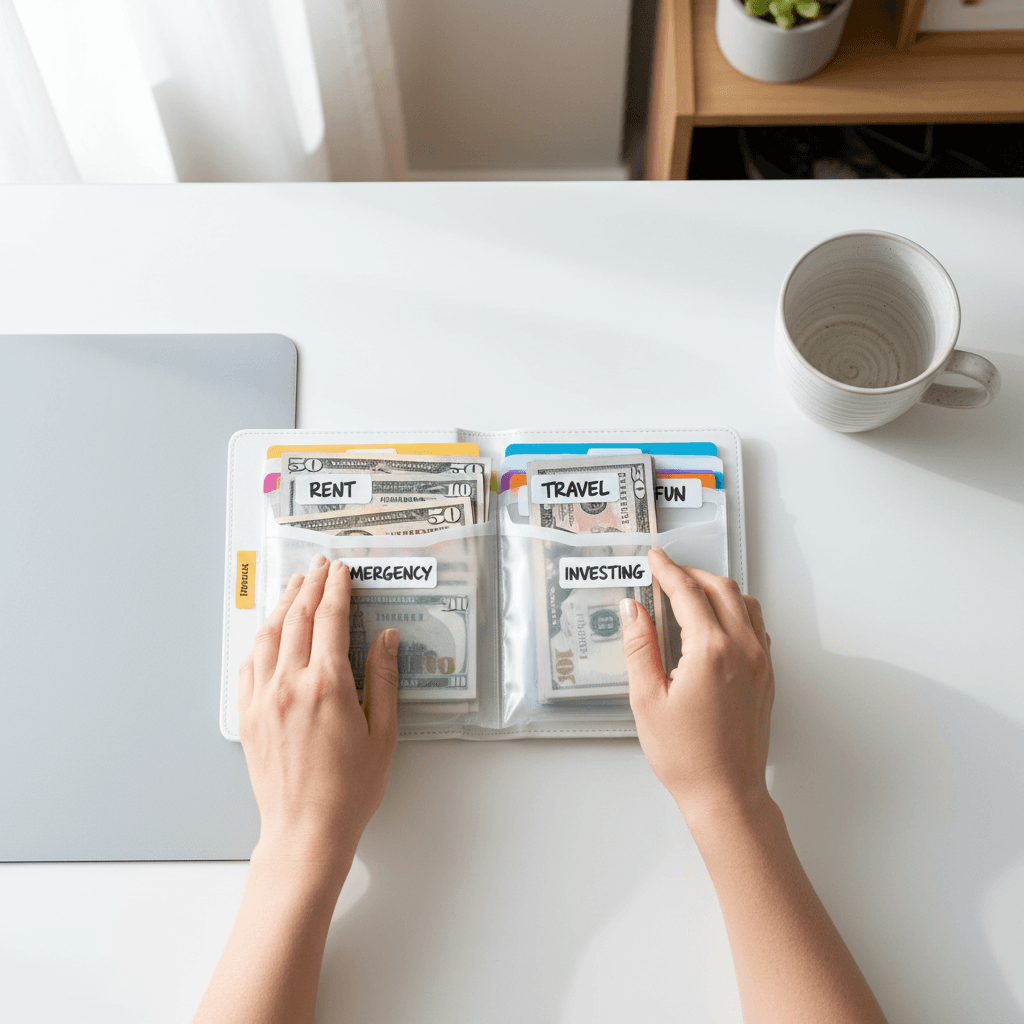 Woman's hands organizing cash into labeled envelopes in a savings binder, overhead view with natural lighting