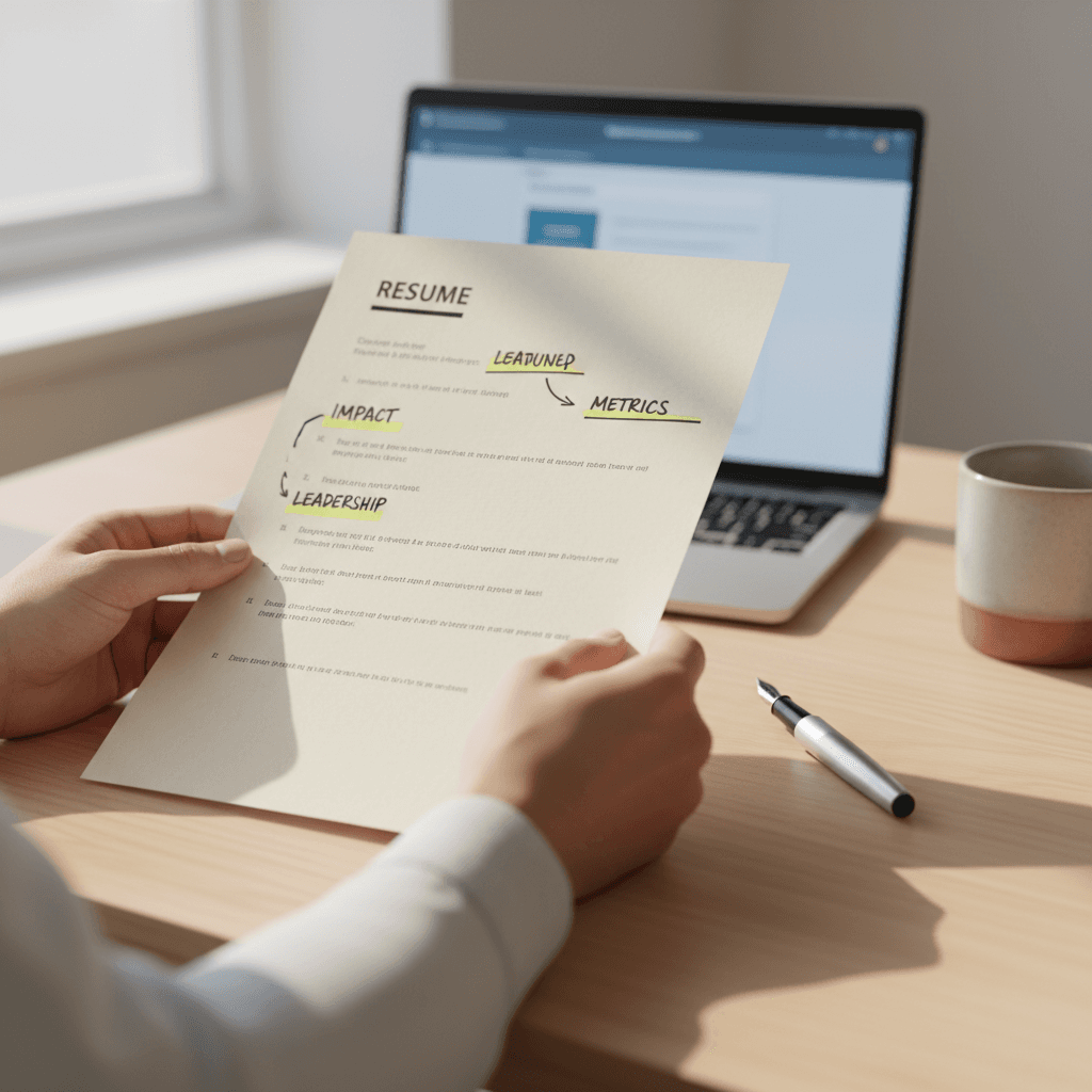 Job seeker reviewing annotated resume on wooden desk with laptop and coffee in background