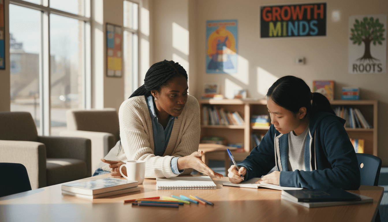 Young people and mentors engaged in collaborative learning in a modern Atlanta community space