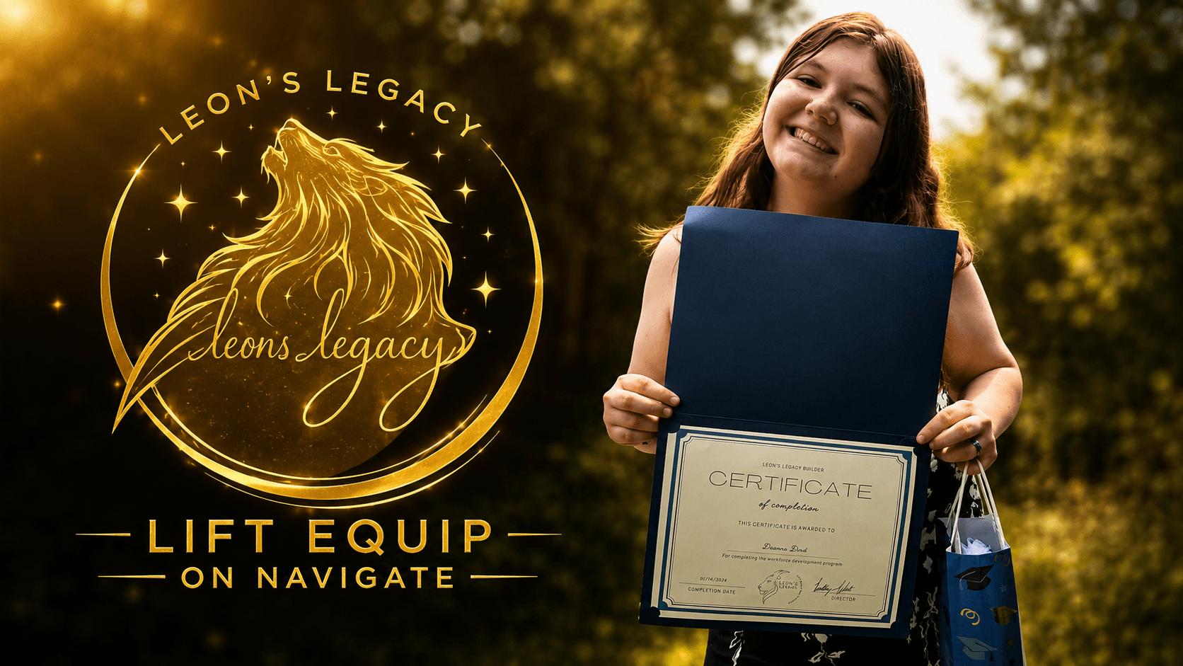 Smiling young woman holding a certificate next to a golden Leon's Legacy lion logo.